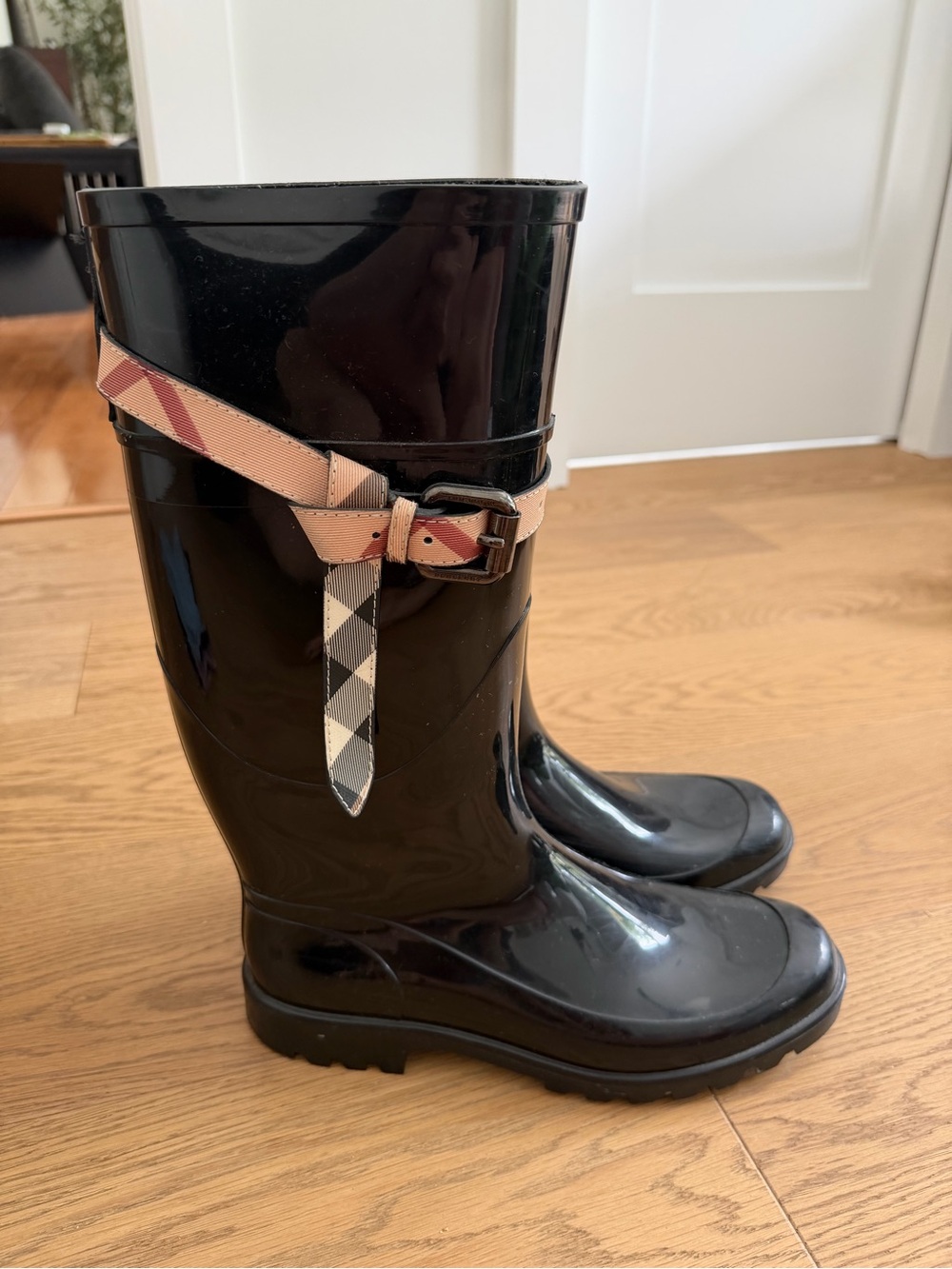 Burberry Black Gloss Rain Boots with Signature Check Strap
